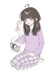  1boy 1girl :d ? ahoge barefoot black_hair blush bow clenched_hand commentary_request eighth_note full_body giant giantess grey_pants grey_shirt hair_bow hair_ribbon hand_on_own_thigh holding korean_commentary lap_pillow long_sleeves low_twintails lying mimikaki mini_person miniboy musical_note on_back open_mouth original pants plaid_clothes plaid_pants purple_bow purple_eyes purple_ribbon purple_shirt ribbon seiza shirt simple_background sitting size_difference sleepwear smile spoken_musical_note twintails white_background yukarakaka 