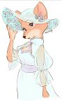  1girl adjusting_clothes adjusting_headwear alternate_costume animal_ears animal_nose artist_name black_eyes blue_dress blue_flower blue_hat blue_rose body_fur breasts bright_pupils brooch cleavage_cutout closed_mouth clothing_cutout commentary dress ears_through_headwear flower fox_ears fox_girl furry furry_female hand_up hat hat_flower highres jewelry long_dress long_sleeves looking_afar maid_marian_(disney) meme_(penpengusa_no_meme) orange_fur robin_hood_(disney_movie) rose sash see-through_clothes see-through_headwear see-through_sleeves signature simple_background small_breasts snout solo standing sun_hat two-tone_fur untranslatable_commentary white_background white_pupils 