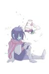  1boy 1other angel_wings animal_ears armor artist_name blue_hair blue_skin blush chibi colored_skin deltarune english_commentary feathers glasses goat_boy goat_ears goat_horns green-framed_eyewear halo healing highres horns kris_(dark_world)_(deltarune) kris_(deltarune) mamesuke_77 pink_scarf ralsei round_eyewear scarf shaded_face short_hair simple_background sitting smile sparkle traditional_halo utdr_(toby_fox) white_background white_feathers white_fur wings yellow_halo 