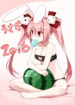  1girl 2016 animal_ears bandeau bare_shoulders black_bandeau bow breasts cleavage commentary_request di_gi_charat dice_hair_ornament food food_in_mouth fruit full_body hair_ornament indian_style long_hair mouth_hold pink_hair popsicle popsicle_in_mouth rabbit_ears red_eyes ribbon simple_background sitting smile solo suka twintails usada_hikaru watermelon 