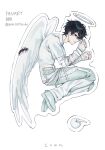 1boy absurdres alien_stage angel angel_wings apple bibi1015bibi black_eyes bug centipede character_name commentary food fruit halo highres ivan_(alien_stage) layered_sleeves male_focus official_alternate_costume pants red_pupils shirt short_hair signature solo turtleneck turtleneck_shirt very_short_hair white_apple white_pants white_shirt white_wings wings 