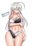  1girl absurdres ahoge ass_visible_through_thighs bikini black_bikini blue_eyes breasts cleavage commentary dated glasses grey_hair heywood_l._edwards_(kancolle) heywood_l._edwards_(swimsuit)_(kancolle) highres kantai_collection katou_shinobu large_breasts long_hair multicolored_bikini one-hour_drawing_challenge simple_background solo standing swimsuit thigh_gap twitter_username two-tone_bikini white_background white_bikini 