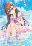  1girl :o ahoge bare_shoulders barefoot bikini blue_sky blush brown_eyes brown_hair cloud comiket_108 commentary_request day earrings hair_between_eyes hair_ornament hairclip hands_up heart heart_ahoge highres innertube jewelry long_hair looking_at_viewer maruma_(maruma_gic) ocean original outdoors parted_lips sky solo stud_earrings summer swim_ring swimsuit textless_version transparent very_long_hair water watermark white_bikini wrist_cuffs 