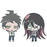  1boy 1girl ahoge anami_saki blue_serafuku blue_skirt blush blush_stickers bow bowtie brain breast_pocket brown_hair chibi chibi_only collared_shirt colored_skin commentary danganronpa_(series) danganronpa_2:_goodbye_despair eggydgrp exposed_brain eye_socket green_eyes green_necktie green_skin highres hinata_hajime long_hair multicolored_skin necktie no_pupils oc_x_canon original pink_bow pink_bowtie pink_hair pocket polo_shirt school_uniform serafuku shirt shoes simple_background skirt stitched_arm stitched_face stitches sweatdrop two-tone_skin white_background white_shirt white_shoes x_x zombie 