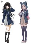  2girls animal_hood backpack bag black_hair black_socks black_thighhighs blue_dress blue_jacket blunt_bangs blush brown_shoes brown_skirt cat_hood commentary_request covering_own_mouth crossover danganronpa_(series) danganronpa_2:_goodbye_despair dress dress_shirt frown full_body green_ribbon grey_dress hood hood_up hooded_jacket inoue_takina jacket kneehighs loafers long_hair long_sidelocks long_sleeves looking_at_viewer lycoris_recoil lycoris_uniform mery_(yangmalgage) multiple_girls nanami_chiaki neck_ribbon open_mouth pink_bag pink_eyes pink_hair pink_ribbon pink_shoes pleated_skirt purple_eyes ribbon shirt shoes sidelocks signature simple_background skirt sleeves_past_wrists socks standing thighhighs two-tone_dress very_long_hair white_background white_shirt zettai_ryouiki 