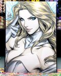  1girl art_tools_in_frame blonde_hair blue_eyes breasts cleavage closed_mouth collar collarbone commentary emma_frost english_commentary gloves hand_to_head highres large_breasts long_hair looking_at_viewer marker_(medium) marvel photo_(medium) signature solo stanley_lau traditional_media white_collar white_gloves x-men 