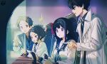  2boys 2girls :d arcade black_hair black_jacket blue_neckerchief blue_sailor_collar blunt_bangs blush breasts brown_eyes brown_hair chair chitanda_eru coat collarbone commentary_request controller flying_sweatdrops fukube_satoshi green_eyes hair_between_eyes hyouka ibara_mayaka indoors jacket joystick kamiyama_high_school_uniform_(hyouka) long_sleeves medium_breasts mery_(yangmalgage) motion_lines multiple_boys multiple_girls neckerchief on_chair open_mouth oreki_houtarou parted_bangs parted_lips playing_games playing_video_games pointing purple_eyes red_eyes sailor_collar school_uniform shirt short_hair sidelocks signature sitting smile sweat white_coat white_shirt 