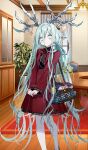  1girl antlers bag black_shirt blush breasts bukurote commentary_request fate/grand_order fate_(series) game_asset green_eyes green_hair hair_between_eyes horns jacket long_hair long_sleeves looking_at_viewer louhi_(academy_outfit)_(fate) louhi_(fate) low_twintails neck_ribbon official_art pantyhose partial_commentary red_jacket red_skirt ribbon shirt shoulder_bag skirt small_breasts solo third-party_source tonttu_(fate) twintails white_pantyhose 