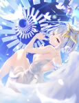 1girl absurdres amane_kanata back backless_outfit blue_hair blurry blurry_foreground closed_mouth colored_inner_hair commentary_request dress falling_feathers feathered_wings feathers floating_hair floating_stairs grey_hair halo hand_up hatenashun422 highres hololive looking_at_viewer multicolored_hair purple_eyes short_hair single_hair_intake smile solo spiral_staircase stairs star_halo swept_bangs tilted_halo virtual_youtuber white_dress white_feathers wings 
