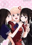  3girls black_hair black_jacket blonde_hair blue_dress blue_ribbon collared_shirt commentary_request dress dual_persona girl_sandwich green_ribbon hair_ribbon hand_on_another's_shoulder hand_on_another's_waist highres inoue_takina jacket long_hair lycoris_recoil lycoris_uniform mizuki_(mi_lycoreco) multiple_girls neck_ribbon necktie nishikigi_chisato one_eye_closed open_mouth parted_lips pink_background purple_eyes red_dress red_eyes red_necktie red_ribbon ribbon sandwiched shirt sweat twitter_username watermark white_shirt yuri 