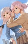  2girls adjusting_eyewear blazer blue_eyes blue_shirt brown_shirt closed_mouth commentary floating_hair glasses green_eyes grey_hair hair_bun heaven_burns_red highres higuchi_seika izumi_yuki jacket kr_woyue multiple_girls purple_hair school_uniform shirt untranslatable_commentary white_hair 