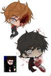  2boys animification antenna_hair bags_under_eyes bandage_on_cheek black_coat black_hair black_shoes blood blood_on_face blood_on_weapon brown_hair burn_scar chainsaw chibi chibi_only coat commentary dual_persona eddsworld english_commentary grin hair_behind_ear hair_ears highres holding holding_chainsaw hood hood_down hoodie long_sleeves looking_at_viewer male_focus multiple_boys pants prototype_design red_hoodie reference_inset scar screenshot_inset shoes short_hair simple_background smile sneakers spoilers sqiz_isme tongue tongue_out tord_(2004)_(eddsworld) tord_(eddsworld) trench_coat weapon white_background white_eyes 
