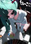  1girl animal_ear_legwear aqua_hair black_sclera borrowed_clothes boyfriend's_shirt card cat_ear_legwear chair colored_sclera commentary_request fang film_grain grin hatsune_miku highres holding holding_card imminent_uno_loss_(meme) kaeru_mikan long_hair looking_at_viewer meme mesugaki mimukauwa_nice_try_(vocaloid) raised_inner_eyebrows shirt smile solo table thighhighs twintails uno_(game) vocaloid white_shirt white_thighhighs zako_(phrase) 