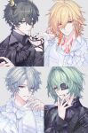  4boys anaxa_(honkai:_star_rail) aqua_hair black_eyes black_hair black_jacket black_nails black_ribbon black_shirt blonde_hair blue_eyes closed_mouth commentary dan_heng_(honkai:_star_rail) dan_heng_(permansor_terrae)_(honkai:_star_rail) dragon_horns eyepatch facial_mark grey_hair highres honkai:_star_rail honkai_(series) horns jacket kkopoli long_sleeves male_focus multiple_boys mydei_(honkai:_star_rail) neck_tattoo orange_hair phainon_(honkai:_star_rail) pointy_ears ribbon shirt short_hair smile tattoo teeth untranslatable_commentary white_ribbon white_shirt yellow_eyes 