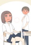  1boy 1girl @_@ blue_pants blue_skirt blush brown_hair chair clothes_lift collared_shirt commentary_request desk heat_stroke juukyuu lifting_own_clothes open_mouth original pants school_chair school_desk school_uniform shirt sitting skirt skirt_lift standing sweat white_shirt 