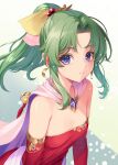  1girl armlet bare_shoulders blue_eyes breasts cape commentary_request detached_sleeves dress earrings final_fantasy final_fantasy_vi gem gold_armlet gold_earrings green_hair hair_ribbon jewelry kirishima_satoshi long_hair pink_cape ponytail purple_gem red_sleeves ribbon sash small_breasts smile solo strapless strapless_dress terra_branford tube_dress waist_sash 