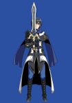  1boy :| amaki_ren armor armored_boots bad_id bad_pixiv_id black_armor black_boots black_coat black_gloves black_hair black_jacket blue_background blue_eyes blue_pants blue_scarf boots chest_guard closed_mouth coat double-parted_bangs elbow_gloves expressionless full_body gloves gold_trim hair_between_eyes hands_up highres holding holding_sword holding_weapon jacket knee_boots legendary_sword_(small_sword)_(tate_no_yuusha_no_nariagari) legendary_sword_(tate_no_yuusha_no_nariagari) long_coat long_sleeves looking_at_viewer male_focus minami_seira multicolored_coat official_art open_clothes open_coat pants pauldrons promotional_art scarf short_hair shoulder_armor simple_background single_pauldron sleeveless sleeveless_coat solo spiked_pauldrons spikes standing straight-on straight_hair sword sword_in_front_of_face tate_no_yuusha_no_nariagari two-tone_coat weapon white_coat 