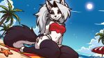 anthro aquatic asterozoan beach beach_towel beach_umbrella bedroom_eyes canid canid_demon canine canis clothing collar demon echinoderm female fingerless_gloves gloves hand_on_butt handwear hellaverse hellhound helluva_boss hi_res legwear loona_(helluva_boss) lw_88 mammal mythological_canine mythological_creature mythology narrowed_eyes navel palm_tree parasol plant seductive sitting smile solo spiked_collar spikes starfish thigh_highs topwear towel tree tube_top wolf