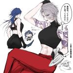  3girls abs anger_vein arima00001 blue_eyes blue_hair ceto_(path_to_nowhere) chibi chief_(path_to_nowhere) commentary_request eyeshadow female_chief_(path_to_nowhere) grey_hair highres makeup midriff multiple_girls pants path_to_nowhere purple_eyeshadow purple_lips red_pants shirt shoulder_tattoo single_hair_intake sketch sleeveless sleeveless_turtleneck spoken_anger_vein tattoo toned toned_female tribal_tattoo turtleneck turtleneck_shirt upswept_hair zoya_(path_to_nowhere) 