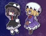  2girls arm_up asymmetrical_sidelocks black_capelet black_hat black_shoes black_skirt blonde_hair blush_stickers book boots bow bowtie brown_boots brown_eyes brown_hair capelet collared_dress collared_shirt commentary_request contrast_collar deformed dress frilled_dress frilled_skirt frills from_side full_body hat hat_bow highres holding holding_book long_sleeves loose_socks maribel_hearn mary_janes mob_cap multiple_girls necktie open_mouth outline purple_eyes red_bow red_bowtie red_necktie ribbon-trimmed_capelet ribbon-trimmed_skirt ribbon_trim shirt shoes sidelocks skirt socks space tie_clip touhou usami_renko white_bow white_hat white_outline white_shirt white_socks yeolomang 