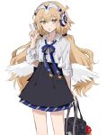  1girl absurdres angel_wings black_skirt blonde_hair breasts collared_shirt fate/grand_order fate_(series) feathered_wings headphones highres jeanne_d'arc_(fate) long_hair long_sleeves looking_at_viewer low_twintails metatron_jeanne_(academy_outfit)_(fate) metatron_jeanne_(fate) nekwnek open_mouth shirt skirt small_breasts solo twintails white_shirt wings yellow_eyes 