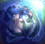  1girl absurdres bilingual_commentary blue_eyes blue_hair breasts cleavage collarbone commentary dappled_sunlight downblouse drill_hair drill_sidelocks english_commentary fins floating_hair frilled_kimono frills green_kimono head_fins highres japanese_clothes kimono kimono_partially_removed klabisot large_breasts layered_kimono light_rays long_sleeves looking_at_viewer medium_hair merfolk mermaid mixed-language_commentary monster_girl one_eye_closed overlighting parted_lips plant sharp_teeth sidelocks solo sunlight teeth touhou underwater vine_print wakasagihime 