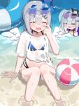  2girls amane_kanata amane_konata angel_wings ball beach beachball bikini blue_bikini blue_halo blue_nails blush breasts closed_eyes commentary_request eyewear_on_head facing_viewer feathered_wings grey_hair halo halterneck hand_up highres hololive knees_together_feet_apart long_hair multicolored_hair multiple_girls open_mouth outdoors see-through_clothes see-through_shirt shallow_water shirt sitting small_breasts smile solo_focus streaked_hair swim_ring swimsuit virtual_youtuber water wet wet_clothes wet_shirt white_shirt wings yoru_no_yayoi 