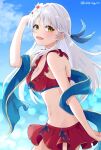  1girl :d bare_arms bare_shoulders bikini bikini_skirt blue_sky blush breasts cleavage cloud commentary_request fire_emblem fire_emblem:_radiant_dawn fire_emblem_heroes flower from_side grey_hair hair_flower hair_ornament hair_ribbon highres kotoriya_kuguri long_hair looking_at_viewer medium_breasts micaiah_(fire_emblem) micaiah_(wavecrest_maiden)_(fire_emblem) navel ocean official_alternate_costume open_mouth outdoors red_bikini ribbon sky smile solo stomach swimsuit water yellow_eyes 