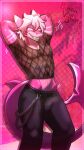 anthro aquatic baraovonberry_(nebulatheuxx) belt black_bottomwear black_clothing black_pants bottomwear bulge clothed clothing fish fishnet_clothing fishnet_shirt fishnet_topwear furrdoktor hair hands_behind_head hi_res looking_at_viewer male markings nipples pants pink_body pink_eyes raised_arm raised_arms shark shark_tail shirt tail teeth_showing topwear white_body white_hair white_markings