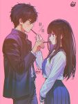  belt black_belt black_hair black_jacket black_pants blue_neckerchief blue_sailor_collar blue_skirt blunt_bangs blush chitanda_eru collared_shirt commentary_request cowboy_shot double-parted_bangs dress_shirt embarrassed food food_in_mouth from_side green_eyes hair_between_eyes height_difference hyouka jacket kamiyama_high_school_uniform_(hyouka) long_hair long_sidelocks long_sleeves looking_at_another mery_(yangmalgage) neckerchief open_clothes open_jacket oreki_houtarou pants pink_background pleated_skirt pocky pocky_day pocky_in_mouth purple_eyes sailor_collar sailor_shirt school_uniform serafuku shirt short_hair sidelocks signature simple_background skirt sweat white_shirt 