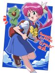  1girl aqua_eyes artist_request backpack bag blue_outline blue_skirt border bow brown_bag brown_shoes capsakid closed_eyes cloud collared_shirt commentary_request eyelashes highres holding_strap long_hair notice_lines official_art open_mouth outline pink_hair pokemon pokemon_(anime) pokemon_(creature) poketoon ponytail second-party_source shirt shoes short_sleeves sidelocks signature skirt smile tooth white_border white_shirt yellow_bow 