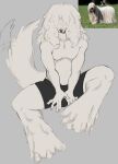 2026 absurd_res anthro biped canid canine canis chest_tuft clothed clothed_anthro clothed_male clothing covered_eyes digital_drawing_(artwork) digital_media_(artwork) domestic_dog featureless_chest fur grey_background hair hair_over_eyes hi_res hungarian_sheepdog livestock_guardian_dog male male_anthro mammal moosehanmaku obscured_eyes pastoral_dog reference_image simple_background sitting solo tail tail_motion tailwag topless topless_anthro topless_male tuft white_body white_fur