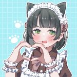  1girl animal_ears apron black_hair blue_background blunt_bangs blush bob_cut bow bowtie brown_dress cat_ears cat_girl collared_dress commentary dress embarrassed frilled_apron frills green_eyes grid_background heart heart_hands highres kemonomimi_mode looking_at_viewer love_live! love_live!_hasu_no_sora_jogakuin_school_idol_club maid maid_apron maid_headdress momose_ginko nyan_nyan_nyan_fair_in_gamers okome_(okome_l_l) open_mouth paw_print pink_bow pink_bowtie short_hair solo sweatdrop untranslatable_commentary upper_body v-shaped_eyebrows virtual_youtuber white_apron 