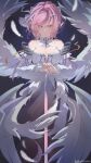  1girl absurdres angel_wings bare_shoulders blush breasts chinese_commentary cleavage closed_mouth commentary_request detached_sleeves dress falling_feathers feathered_wings feathers hair_intakes hair_ornament highres holding holding_sword holding_weapon large_breasts long_sleeves looking_at_viewer medium_hair multiple_wings pink_eyes pink_hair pointy_ears purple_nails remielle_dan smile solo standing star_(symbol) star_hair_ornament sword thighhighs weapon wenxin_silent white_dress white_sleeves white_wings wings zenless_zone_zero 