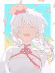  1girl :d ^_^ braid chinese_clothes closed_eyes commentary english_commentary floating_hair highres long_hair mili_(band) ooya_(july_26) portrait smile solo tian_tian_(mili) twin_braids twitter_username white_hair 