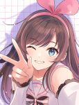  1girl ;) blue_eyes blush bow brown_hair commentary detached_sleeves grid_background grin hair_bow hairband hand_up hands_up head_tilt highres kizuna_ai kizuna_ai_inc. long_hair long_sleeves looking_at_viewer one_eye_closed pink_hairband portrait sailor_collar selfie shirt sidelocks sleeves_past_wrists smile solo swept_bangs untranslatable_commentary v virtual_youtuber w white_shirt yukichi_(eikichi) 