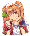 1girl :q absurdres ahoge armor brown_gloves brown_hair closed_mouth collarbone cropped_jacket cropped_torso eiyuu_densetsu english_commentary estelle_bright fingerless_gloves food food_on_face gloves hair_between_eyes hair_intakes hairband head_tilt highres holding holding_food holding_ice_cream_cone ice_cream ice_cream_cone jacket leather leather_gloves licking_lips long_hair metal_hairband multiple_hairbands one_eye_closed open_clothes open_jacket pauldrons red_eyes red_jacket shirt short_sleeves shoulder_armor simple_background single_pauldron smile solo sora_no_kiseki tongue tongue_out twintails upper_body white_background white_shirt wispy_bangs yuzukiyo 