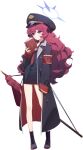  1girl armband black_boots black_hat black_jacket black_shirt blue_archive blue_halo book boots closed_mouth coat collared_shirt doremi_(doremi4704) flag fluffy_hair full_body game_asset gehenna_academy_logo gradient_halo grey_eyes gun hair_between_eyes halo handgun hat highres holding holding_book iroha_(blue_archive) jacket lapels light_blush long_hair long_sleeves military_hat multicolored_halo necktie notched_lapels official_art peaked_cap pencil_skirt purple_halo red_armband red_hair red_necktie safety_pin shirt simple_background skirt sleeves_past_wrists solo standing tachi-e third-party_source transparent_background very_long_hair walther_p38 weapon 