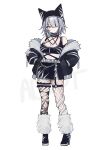  1girl absurdres adoptable belt black_choker black_hat black_jacket black_shoes black_skirt black_sports_bra breasts chain choker cleavage closed_mouth commentary english_commentary eyelashes fishnets full_body fur-trimmed_jacket fur_leg_warmers fur_trim grey_belt grey_eyes grey_hair hair_over_one_eye hands_in_pockets hat high_heels highres jacket leg_warmers long_sleeves miclipse multicolored_hair off_shoulder open_clothes open_jacket original shoes short_hair short_hair_with_long_locks simple_background skirt smile solo sports_bra standing streaked_hair thigh_strap two-tone_hair watermark white_background white_leg_warmers 