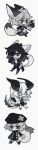 2017 3_eyes 4_fingers absurd_res ambiguous_gender anthro avian bandage bandaged_tail biped black_tail_tip boots bottomwear chibi claws closed_smile clothed clothed_ambiguous clothed_male clothing collared_shirt cravat crossed_legs digital_drawing_(artwork) digital_media_(artwork) dipstick_tail eye_patch eyewear felid feral finger_claws fingers footwear frilly_cuffs front_view full-length_portrait fully_clothed fully_clothed_ambiguous fully_clothed_male group hair hat headgear headwear hi_res holding_newspaper holding_object kerebiel_(keroreud) keroreud long_image looking_aside looking_at_viewer male mammal markings medium_hair mouth_closed multi_eye multiple_images newspaper on_hand one_eye_obstructed open_mouth open_smile open_suit pants petting plantigrade pointy_ears portrait pupils purple_clothing purple_topwear purple_vest red_eyes restricted_palette rolled_up_newspaper shirt shoes short_hair slit_pupils smile solo spot_color tail tail_markings tall_image toothy_grin topwear trio vest
