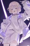  1girl :d absurdres arm_up banpen_(todoroki_hajime) blonde_hair blush choker commentary_request highres hololive hololive_dev_is jacket long_sleeves looking_at_viewer multicolored_hair open_clothes open_jacket pointing pointing_up purple_choker purple_eyes purple_hair shirt short_hair shorts shumpi smile solo streaked_hair todoroki_hajime todoroki_hajime_(1st_costume) two_side_up v virtual_youtuber white_jacket white_shirt white_shorts 