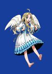  1girl :o ahoge bad_id bad_pixiv_id barefoot bird_girl bird_wings blonde_hair blue_background blue_bow blue_dress blue_eyes bow chest_bow child curtained_hair dress feathered_wings filo_(tate_no_yuusha_no_nariagari) frilled_dress frilled_sleeves frills full_body hands_up highres long_hair long_sidelocks long_sleeves looking_at_viewer minami_seira official_art promotional_art sidelocks simple_background soles solo tate_no_yuusha_no_nariagari two-tone_dress v-shaped_eyebrows white_dress white_wings wings 