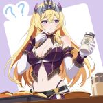  2girls ? absurdres arm_garter bare_shoulders blonde_hair breasts character_request chinese_commentary choker cleavage commentary_request cooking crop_top elbow_gloves food frills frown gloves highleg highleg_panties highres holding holding_jar jar kaiju_princess_(game) large_breasts long_hair looking_at_object midriff multiple_girls navel panties pastry purple_eyes solo tiara underwear white_gloves wrist_cuffs yushe 