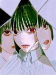  3girls broken_mirror byakugun collared_shirt different_reflection glass_shards green_hair highres lips long_hair looking_at_viewer mirror multiple_girls multiple_persona original parted_lips portrait red_eyes reflection shirt teeth wispy_bangs 