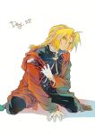  1boy absurdres ahoge black_jacket black_pants blonde_hair braid braided_ponytail closed_mouth coat commentary curtained_hair edward_elric fullmetal_alchemist highres hood hood_down hooded_coat jacket kneeling looking_at_viewer male_focus pants red_coat simple_background solo white_background xue_ezi 