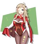  1girl :d ;d ahoge alternate_costume blonde_hair bodystocking breasts brooch brown_leotard christmas circlet cleavage clothing_cutout collar covered_navel elbow_gloves fire_emblem fire_emblem_fates flower_brooch gloves green_background green_eyes hayato_stuff highleg highleg_leotard highres holding_shawl jewelry large_breasts leotard long_hair looking_to_the_side multicolored_leotard one_eye_closed open_mouth ophelia_(fire_emblem) outside_border red_leotard red_ribbon red_shawl ribbon shadow shawl side_cutout smile solo sparkle_background star_(symbol) star_ornament star_print teeth thighs two-sided_shawl two-tone_leotard upper_teeth_only white_background white_collar white_gloves white_trim 