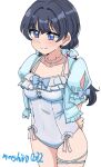  1girl arms_behind_back bead_necklace beads blue_bow blue_eyes blue_hair blue_jacket blue_moment_(love_live!) blush bow breasts casual_one-piece_swimsuit cleavage closed_mouth collarbone commentary covered_navel cowboy_shot ereka frilled_sleeves frills hair_bow hand_on_own_arm highres jacket jewelry long_hair love_live! love_live!_hasu_no_sora_jogakuin_school_idol_club low_twintails mole mole_on_neck murano_sayaka necklace one-piece_swimsuit open_clothes open_jacket puffy_short_sleeves puffy_sleeves short-sleeved_jacket short_sleeves simple_background small_breasts smile solo split_mouth swimsuit twintails twitter_username virtual_youtuber white_background white_one-piece_swimsuit 
