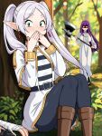  1boy 2girls absurdres angry arm_wrap axe black_pants breasts capelet commentary covering_own_mouth day earrings elf elpipe_3000 english_commentary fern_(sousou_no_frieren) forest frieren halberd hiding highres holding holding_axe jewelry large_breasts long_hair long_pointy_ears long_sleeves looking_at_viewer multiple_girls nature outdoors paid_reward_available pants pointy_ears polearm purple_hair robe s0m3thin_gr33n sitting sousou_no_frieren stark_(sousou_no_frieren) teardrop_earrings thick_eyebrows tree twintails very_long_hair walking weapon white_capelet white_hair white_robe 