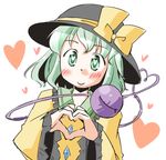  arnest bad_id bad_pixiv_id blush eyeball frilled_sleeves frills green_eyes green_hair hat hat_ribbon heart heart_of_string komeiji_koishi long_sleeves ribbon short_hair sketch smile solo third_eye touhou white_background 