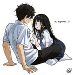  1boy 1girl all_fours black_hair black_pants blue_neckerchief blue_sailor_collar blue_skirt blunt_bangs blush breasts chitanda_eru collared_shirt commentary_request double-parted_bangs frown green_eyes hair_between_eyes hyouka indian_style kamiyama_high_school_uniform_(hyouka) kneehighs korean_text long_hair long_sidelocks looking_at_another medium_breasts mery_(yangmalgage) neckerchief open_mouth oreki_houtarou pants pleated_skirt sailor_collar school_uniform serafuku shirt short_hair short_sleeves sidelocks signature simple_background sitting skirt socks sparkle sweat translation_request very_long_hair white_background white_shirt white_socks 